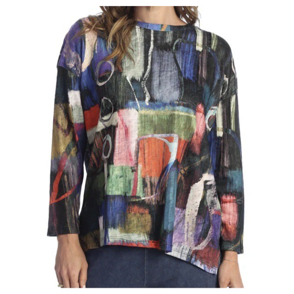 Jess & Jane Barcelona Tunic Top Long Sleeve Abstract Art to Wear Colorful Medium - Picture 1 of 8